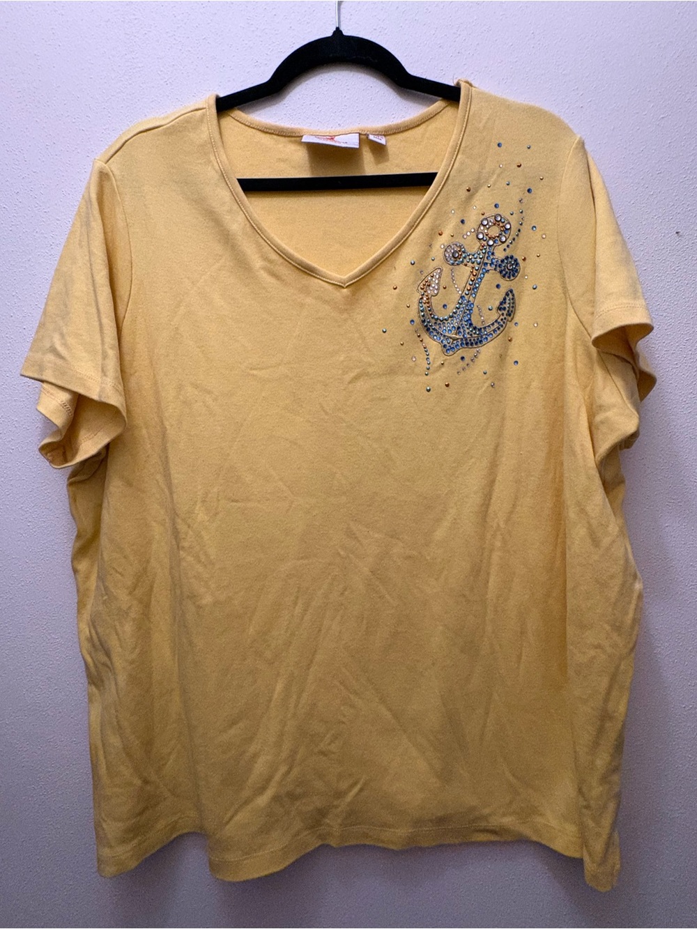 Yellow V-Neck Tunic Top with Embellished Anchor Detail
